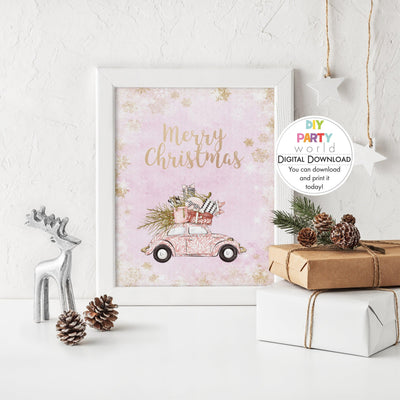 DIY Pink and Gold Merry Christmas Car Sign Printable - DIY Party World