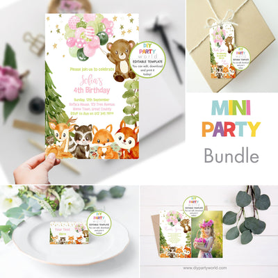 DIY Editable Woodland Animals Mini Birthday Party Bundle Pink B1011 - DIY Party World