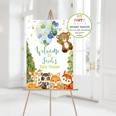 DIY Editable Woodland Animals Baby Shower Welcome Sign Blue B1011 - DIY Party World