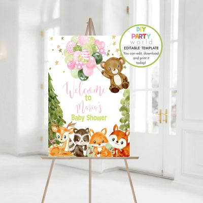 DIY Editable Woodland Animals Baby Shower Welcome Sign Pink B1011 - DIY Party World