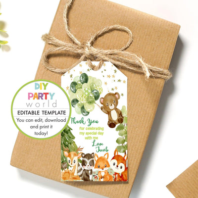 DIY Editable Woodland Animals Party Favour Tag Green B1011 - DIY Party World