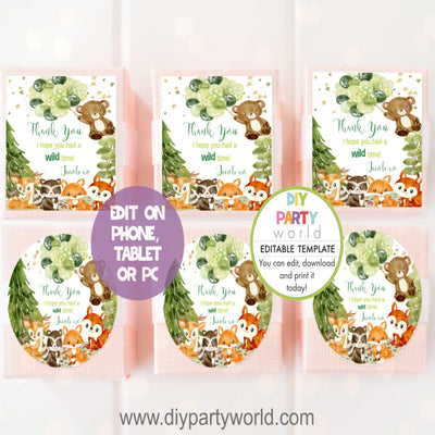DIY Editable Woodland Animals Party Favour Tags Green B1011 - DIY Party World