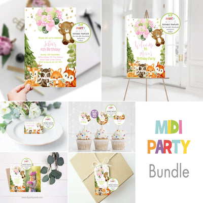 DIY Editable Woodland Animals Midi Birthday Party Bundle Pink B1011 - DIY Party World