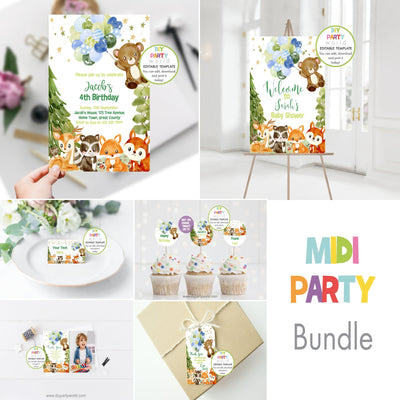 DIY Editable Woodland Animals Midi Birthday Party Bundle Blue B1011 - DIY Party World