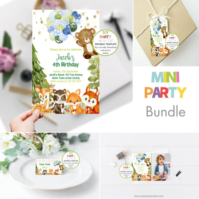 DIY Editable Woodland Animals Mini Birthday Party Bundle Blue B1011 - DIY Party World
