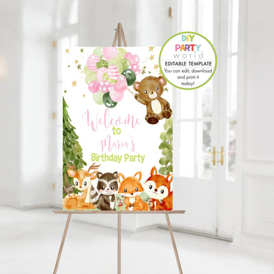 DIY Editable Woodland Animals Birthday Party Welcome Sign Pink B1011 - DIY Party World