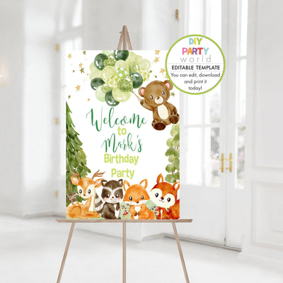 DIY Editable Woodland Animals Birthday Party Welcome Sign Green B1011 - DIY Party World