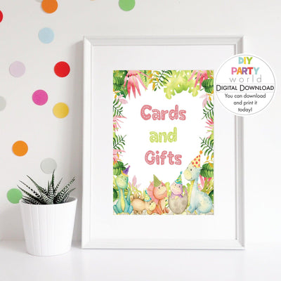 DIY Pink Dinosaur Cards and Gifts Sign Printable B1001 - DIY Party World