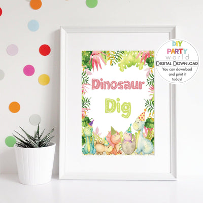 DIY Pink Dinosaur Dig Sign Printable B1001 - DIY Party World