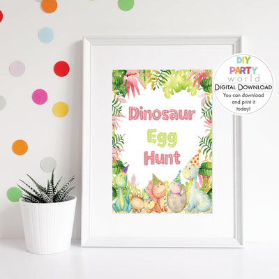 DIY Pink Dinosaur Egg Hunt Sign Printable B1001 - DIY Party World