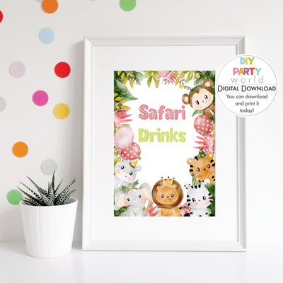 DIY Pink Safari Animals Drinks Sign Party Printable B1005 - DIY Party World