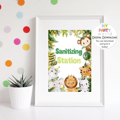 DIY Safari Animals Sanitizing Station Sign Printable B1005 - DIY Party World