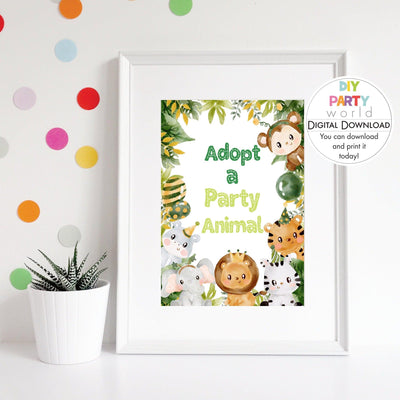 DIY Safari Animals Adopt a Party Animal Sign Printable  B1005 - DIY Party World