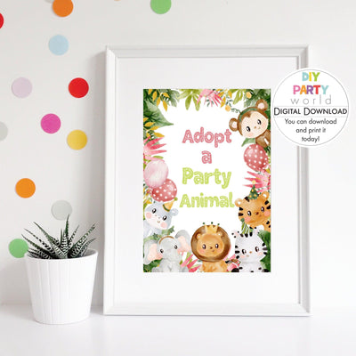 DIY Pink Safari Animal Adopt a Party Animal Sign Printable B1005 - DIY Party World