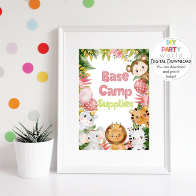 DIY Girls Safari Animals Base Camp Supplies Sign Printable B1005 - DIY Party World