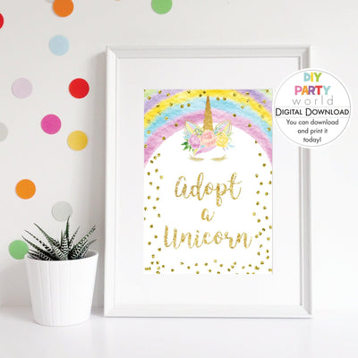 DIY Rainbow Gold Unicorn Adopt a Unicorn Sign Printable B1006 - DIY Party World