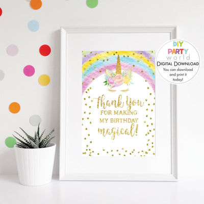 DIY Rainbow Gold Unicorn Thank You Sign Printable B1006 - DIY Party World