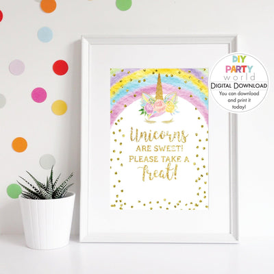 DIY Rainbow Gold Unicorns are Sweet Treat Sign Printable B1006 - DIY Party World