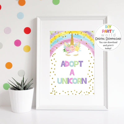 DIY Rainbow Unicorn Adopt a Unicorn Party Sign Printable B1006 - DIY Party World