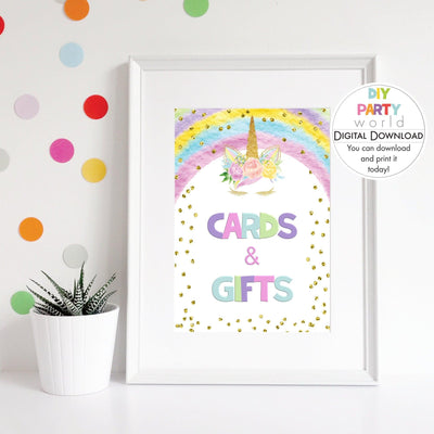 DIY Rainbow Unicorn Cards and Gifts Party Sign Printable B1006 - DIY Party World