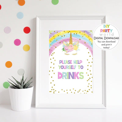 Diy Rainbow Unicorn Drinks Party Sign Printable B1006 - DIY Party World