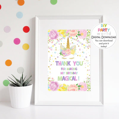 DIY Floral Unicorn Thank You Table Sign B1006 - DIY Party World