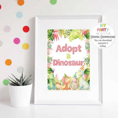 DIY Pink Adopt a Dinosaur Sign Printable B1001 - DIY Party World