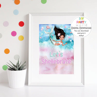 DIY Mermaid Birthday Lets Shellebrate Table Sign Printable B1007 - DIY Party World