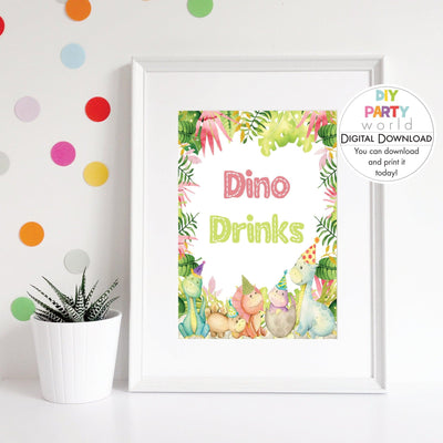DIY Pink Dinosaur Dino Drinks Sign Printable B1001 - DIY Party World