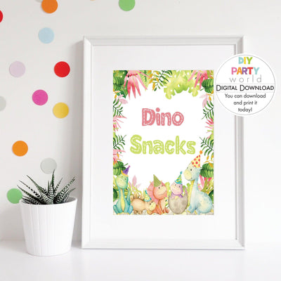 DIY Pink Dinosaur Dino Snacks Sign Printable B1001 - DIY Party World