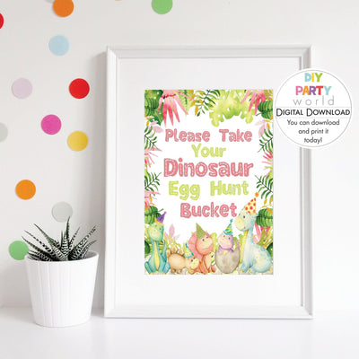 DIY Pink Dinosaur Egg Hunt Bucket Sign Printable B1001 - DIY Party World