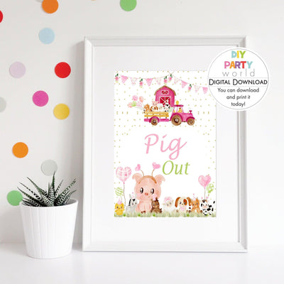 DIY Pink Farm Animals Pig Out Food Table Sign Printable B1008 - DIY Party World