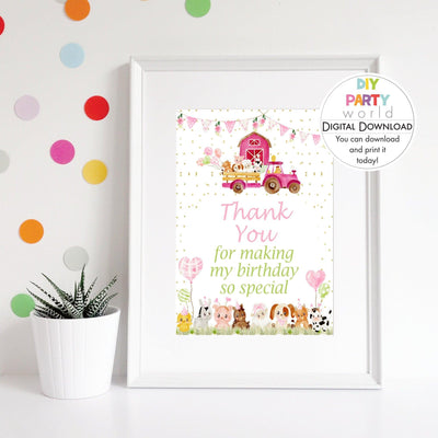 DIY Pink Farm Animals Thank You Sign Printable B1008 - DIY Party World