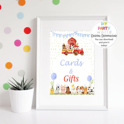 DIY Blue Farm Animals Cards and Gifts Sign Printable B1008 - DIY Party World