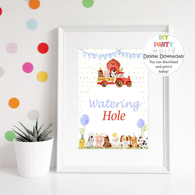 DIY Blue Farm Animals Watering Hole Drinks Table Sign Printable B1008 - DIY Party World