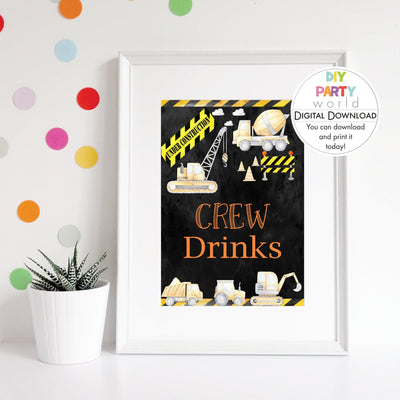 DIY Construction Crew Drinks Party Sign Printable B1009 - DIY Party World