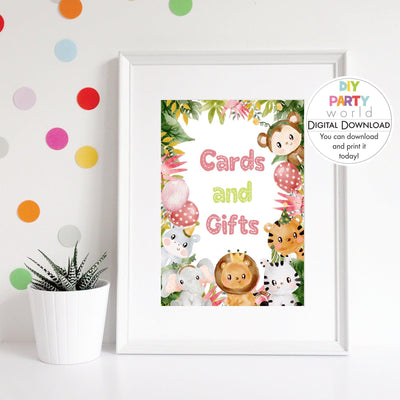 DIY Pink Safari Animals Cards and Gifts Sign Printable  B1005 - DIY Party World