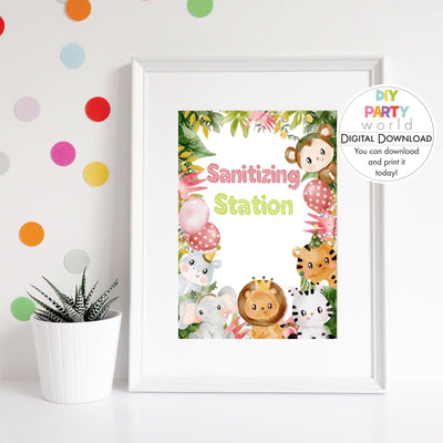 DIY Pink Safari Animals Sanitizing Station Party Sign Printable B1005 - DIY Party World