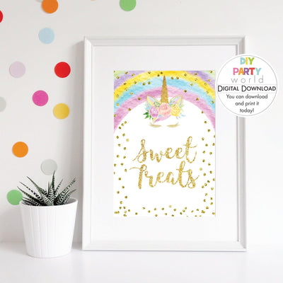 DIY Rainbow Gold Unicorn Sweet Treats Sign Printable B1006 - DIY Party World