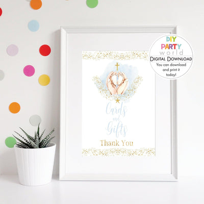 DIY Blue Baby Feet Gold Cross Cards and Gifts Table Sign Printable R1001 - DIY Party World