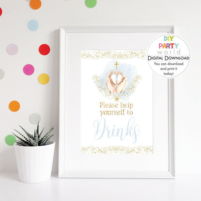 DIY Blue Baby Feet Gold Cross Drinks Table Sign Printable R1001 - DIY Party World
