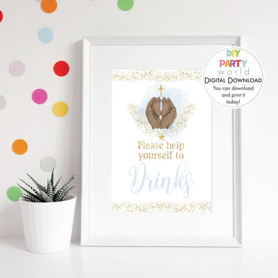 DIY Blue Baby Feet Gold Cross Drinks Sign Printable R1001 - DIY Party World