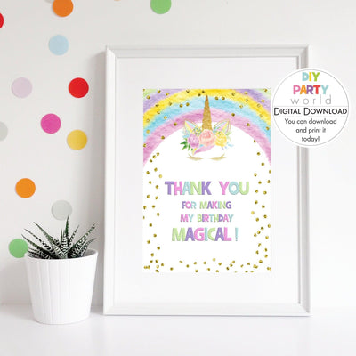 DIY Rainbow Unicorn Thank You Party Sign Printable B1006 - DIY Party World