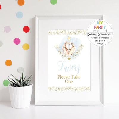 DIY Blue Baby Feet Gold Cross Favors Table Sign Printable R1001 - DIY Party World