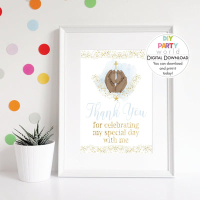 DIY Blue Baby Feet Gold Cross Thank You Sign Printable R1001 - DIY Party World