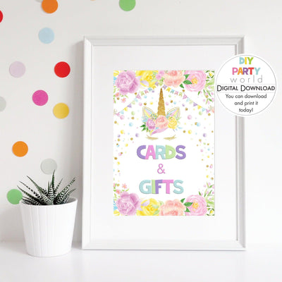 DIY Floral Unicorn Cards and Gifts Sign Printable  B1006 - DIY Party World