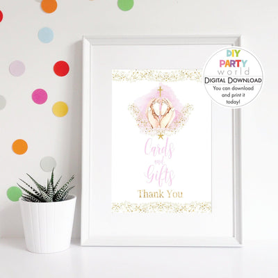 DIY Pink Baby Feet Gold Cross Cards and Gifts Table Sign Printable R1001 - DIY Party World