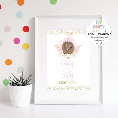 DIY Pink Baby Feet Gold Cross Cards and Gifts Sign Printable R1001 - DIY Party World