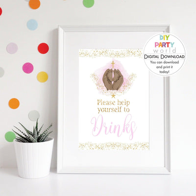 DIY Pink Baby Feet Gold Cross Drinks Sign Printable R1001 - DIY Party World