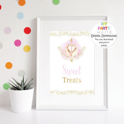 DIY Pink Baby Feet Gold Cross Sweet Treats Table Sign Printable R1001 - DIY Party World